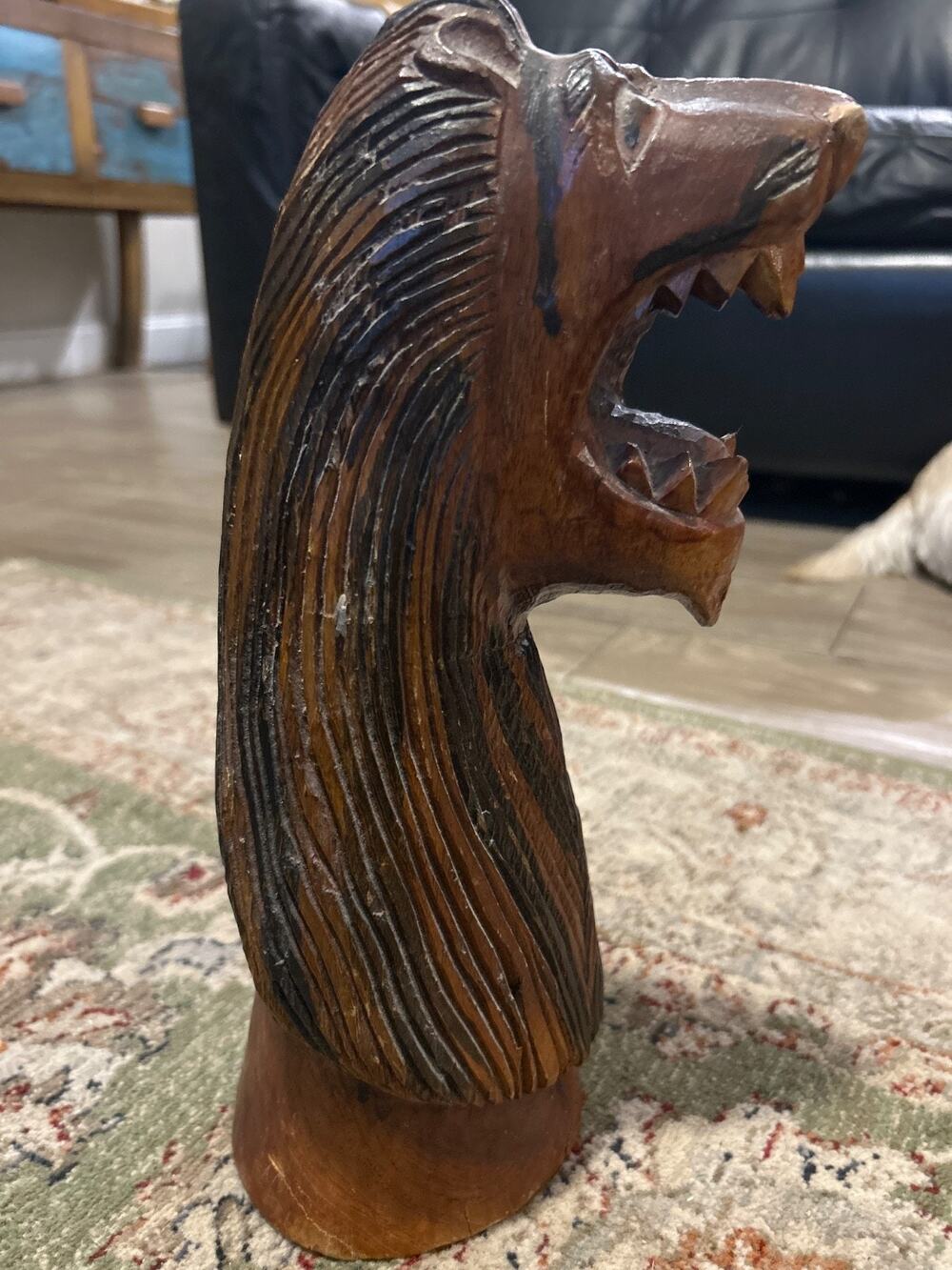 Large 13" Vintage Hand Carved Wood Lion Head Bust Folk Art Roaring Sculpture